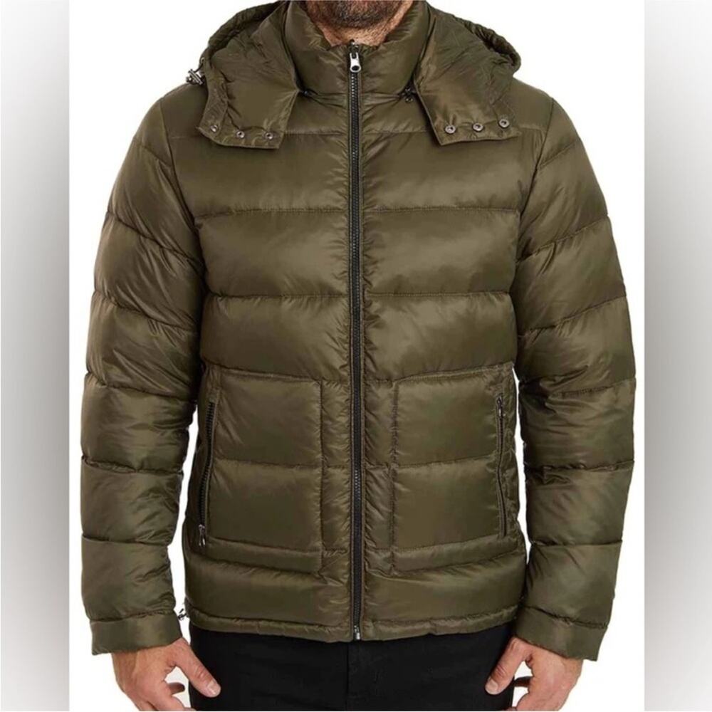 SLATE & STONE Hooded Quilted Nylon Down Puffer Jacket | Fatigue Green | Size M
